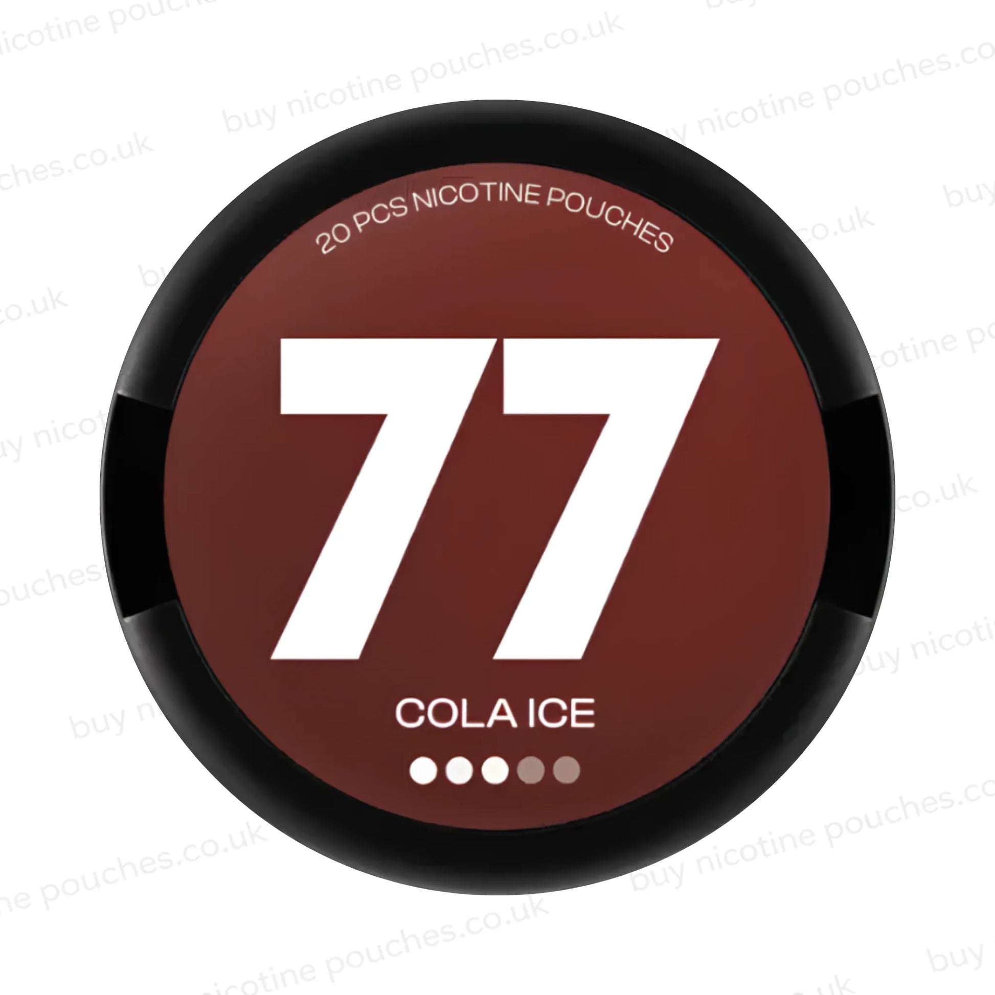 Black nicotine pouch container with brown 77 Cola Ice branding on a white background.