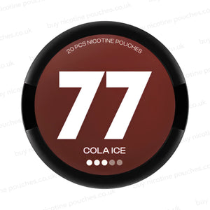 Black nicotine pouch container with brown 77 Cola Ice branding on a white background.