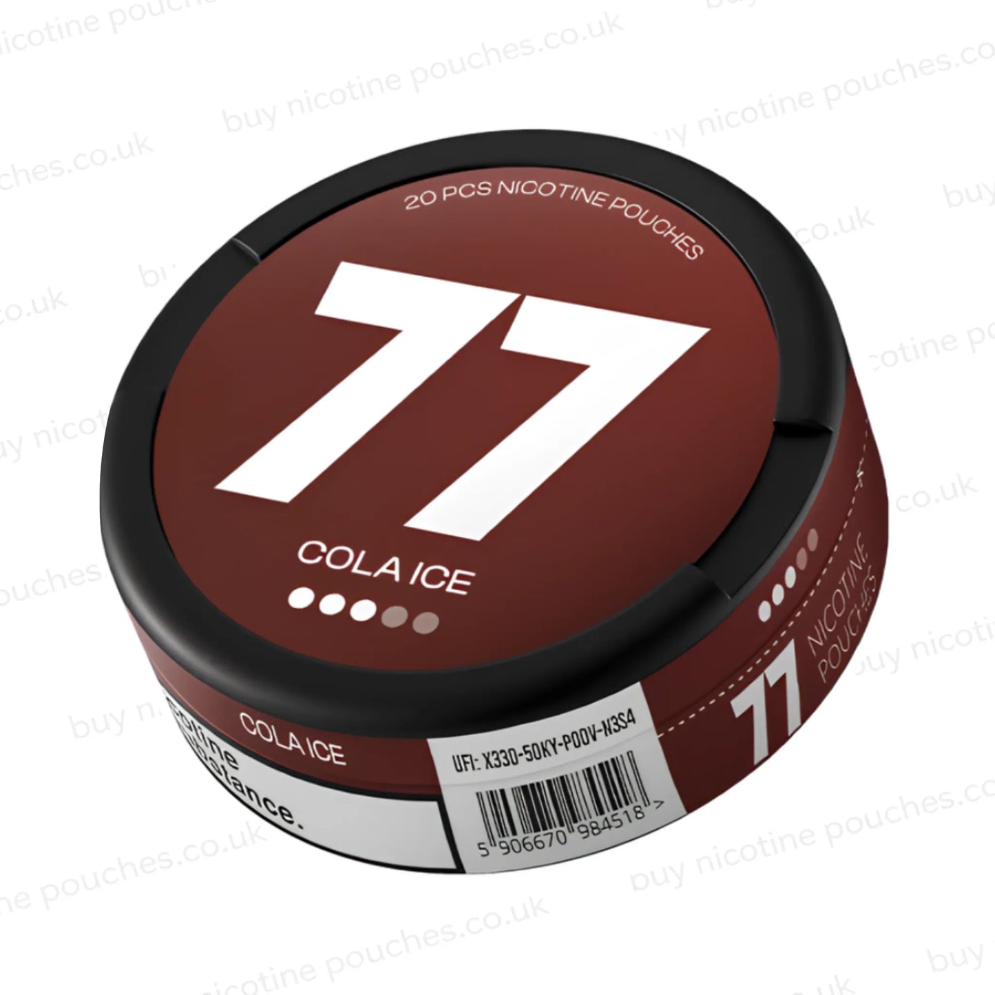 Angled shot of a black nicotine pouch container with brown 77 Cola Ice branding on a white background.