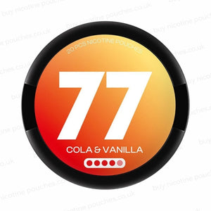 Nicotine pouch tub with orange and white '77 COLA & VANILLA' branding on a white background.