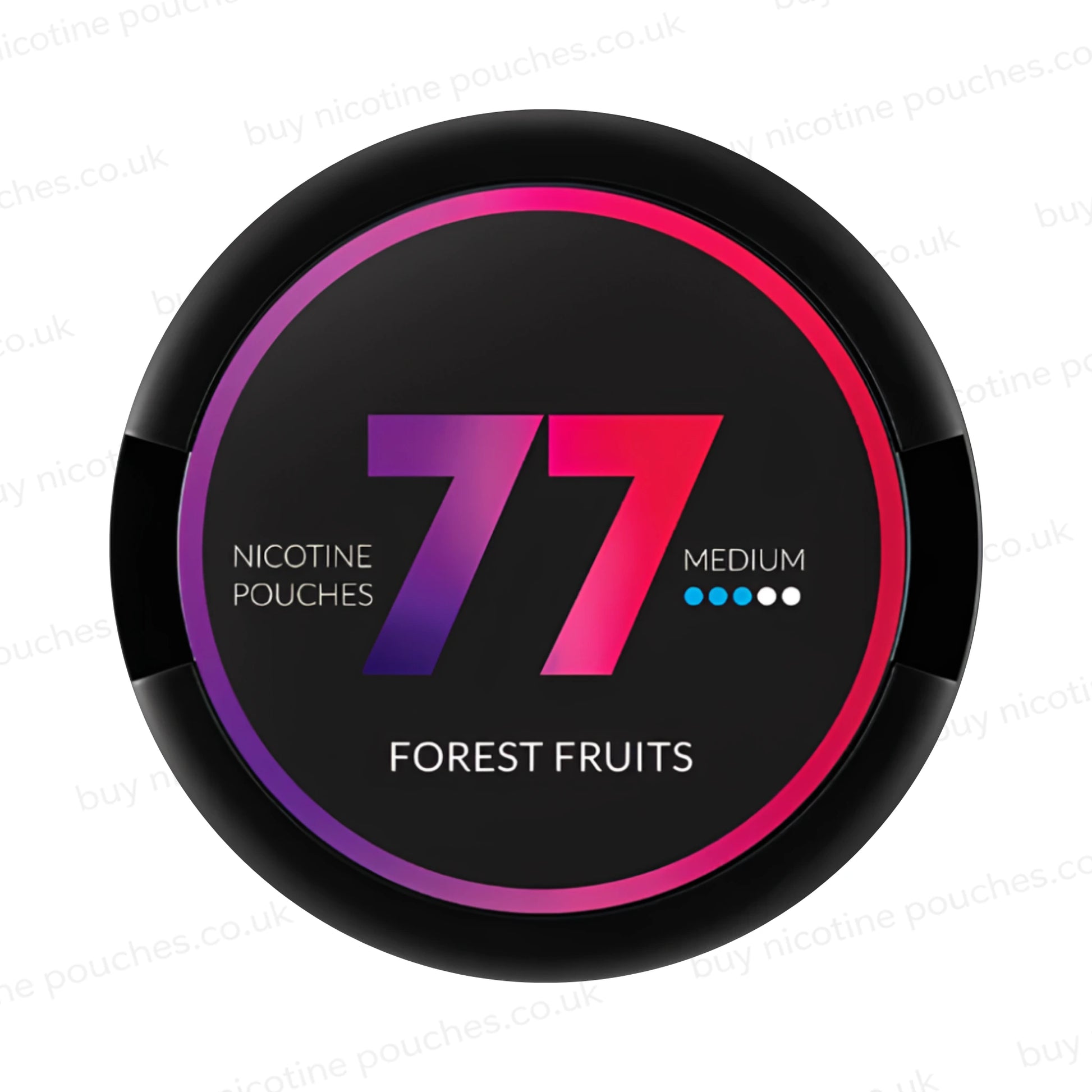 Circular nicotine pouch tub with pink and purple 77 Forest Fruits branding on a white background.