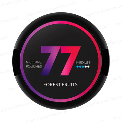 Circular nicotine pouch tub with pink and purple 77 Forest Fruits branding on a white background.