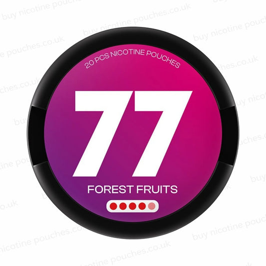 Nicotine pouch tub with purple and white '77 FOREST FRUITS' branding on a white background.