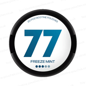 Nicotine pouch tub with white and blue 77 Freeze Mint branding on a white background.