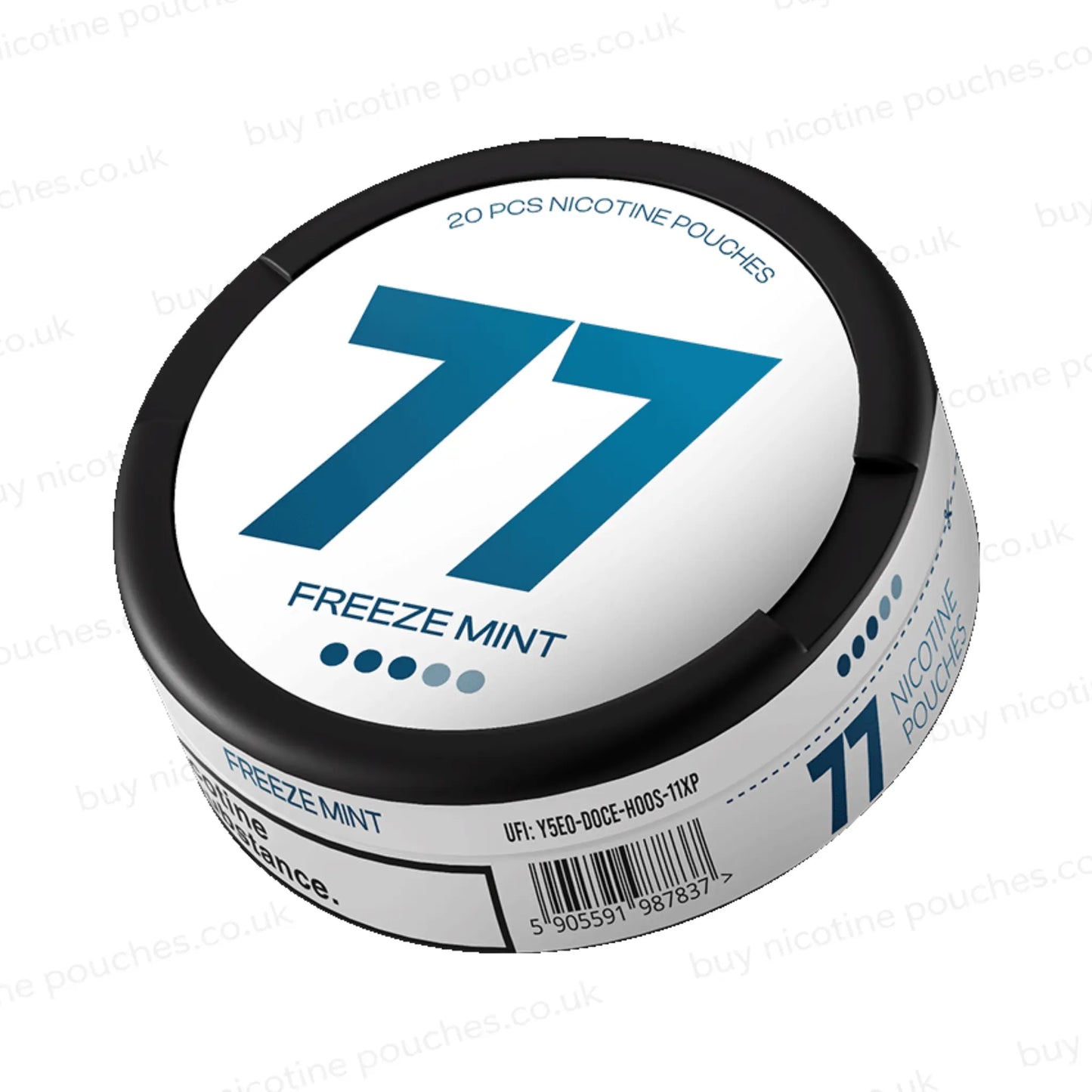 Angled shot of a nicotine pouch tub with white and blue 77 Freeze Mint branding on a white background.