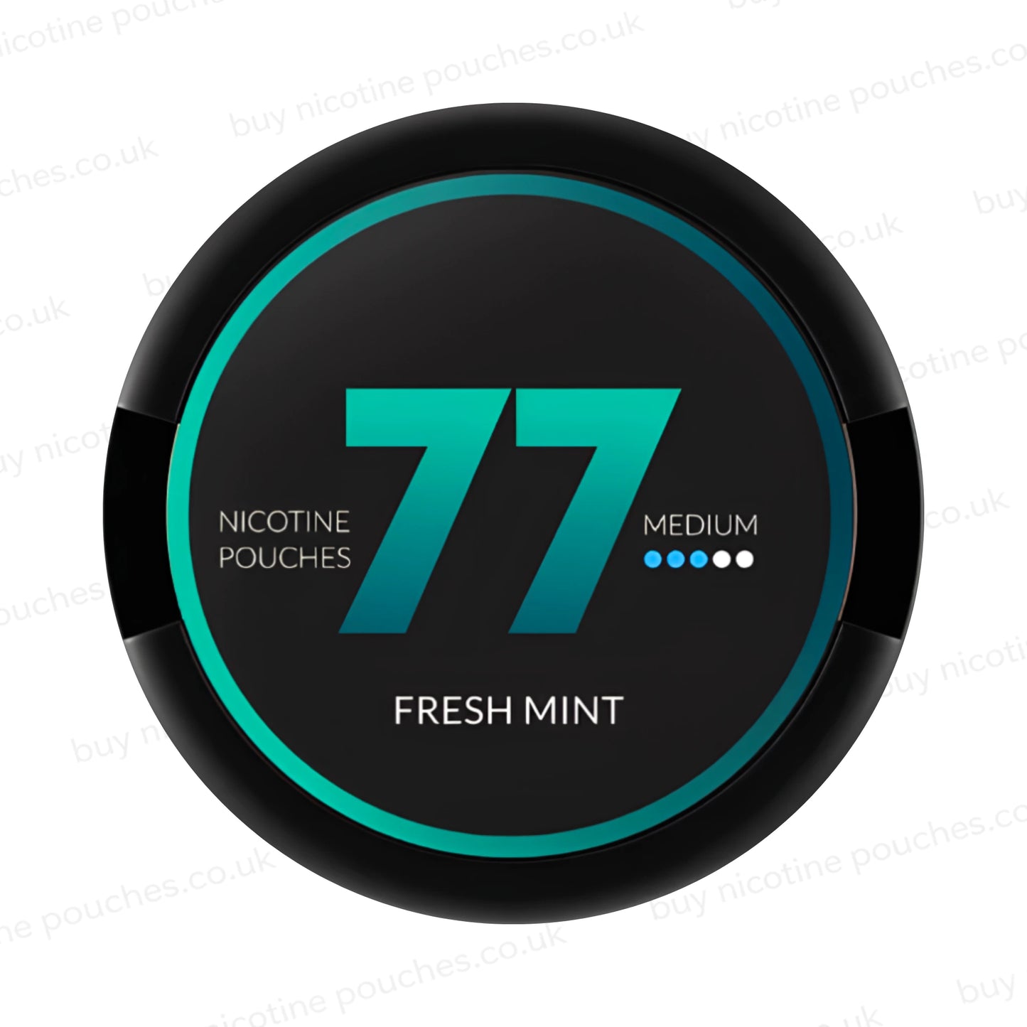 Circular nicotine pouch tub with teal and black 77 Fresh Mint branding on a white background.