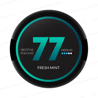 Circular nicotine pouch tub with teal and black 77 Fresh Mint branding on a white background.
