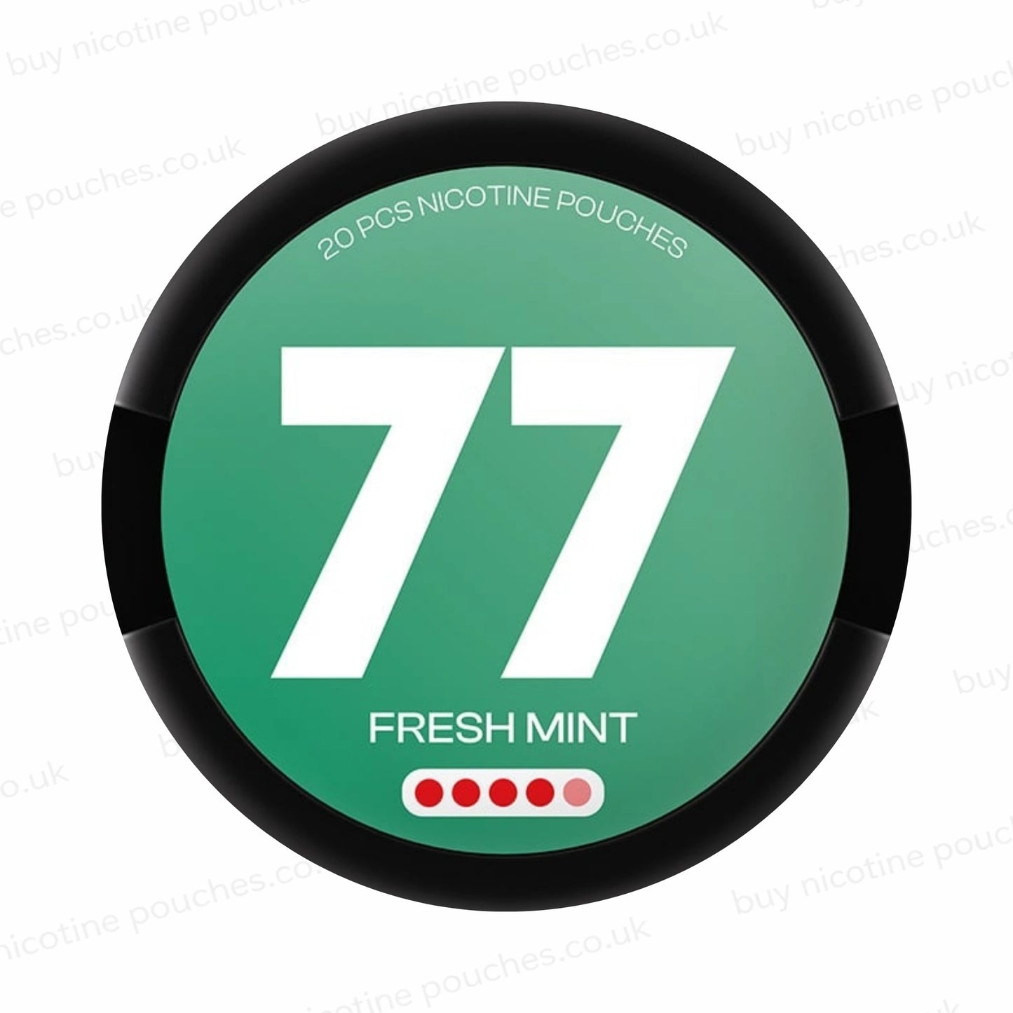 Nicotine pouch tub with green and white '77 FRESH MINT' branding on a white background.