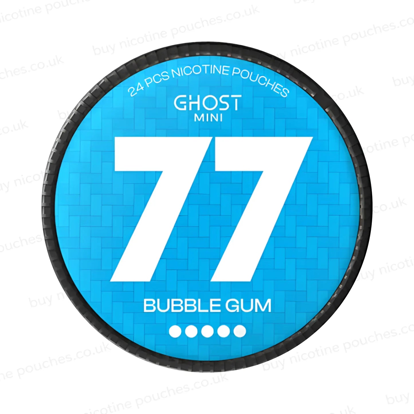 Circular nicotine pouch tub with blue and white 77 Bubblegum Ghost Mini branding on a white background.