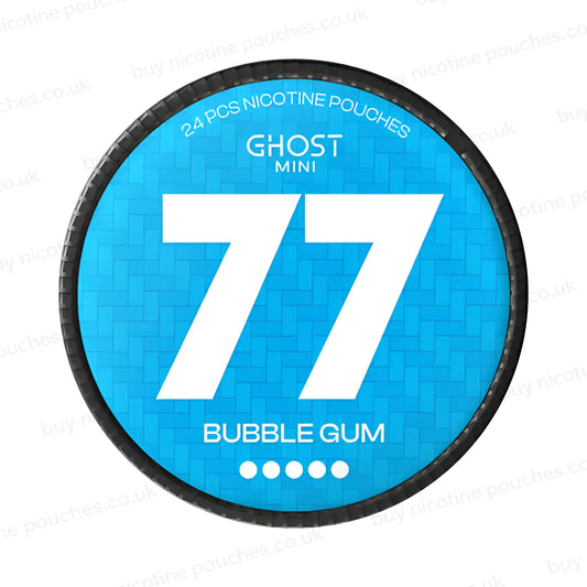 Circular nicotine pouch tub with blue and white 77 Bubblegum Ghost Mini branding on a white background.