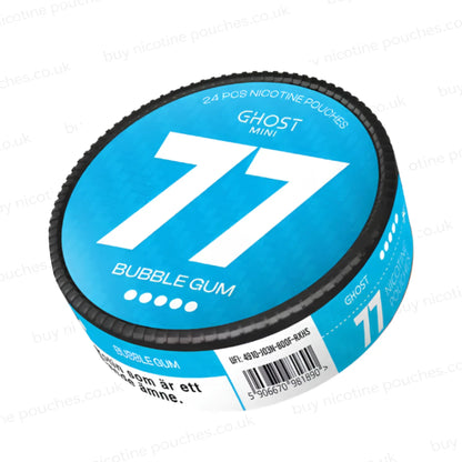 Angled shot of a circular nicotine pouch tub with blue and white 77 Bubblegum Ghost Mini branding on a white background.