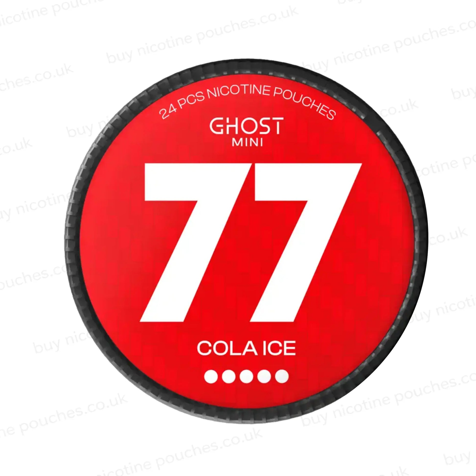 Circular nicotine pouch tub with red and white 77 Ghost Mini Cola Ice branding on a white background.