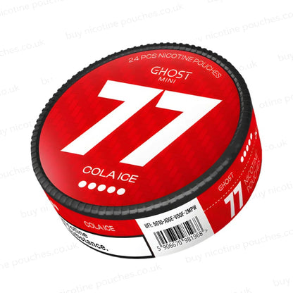 Angled shot of a circular nicotine pouch tub with red and white 77 Ghost Mini Cola Ice branding on a white background.