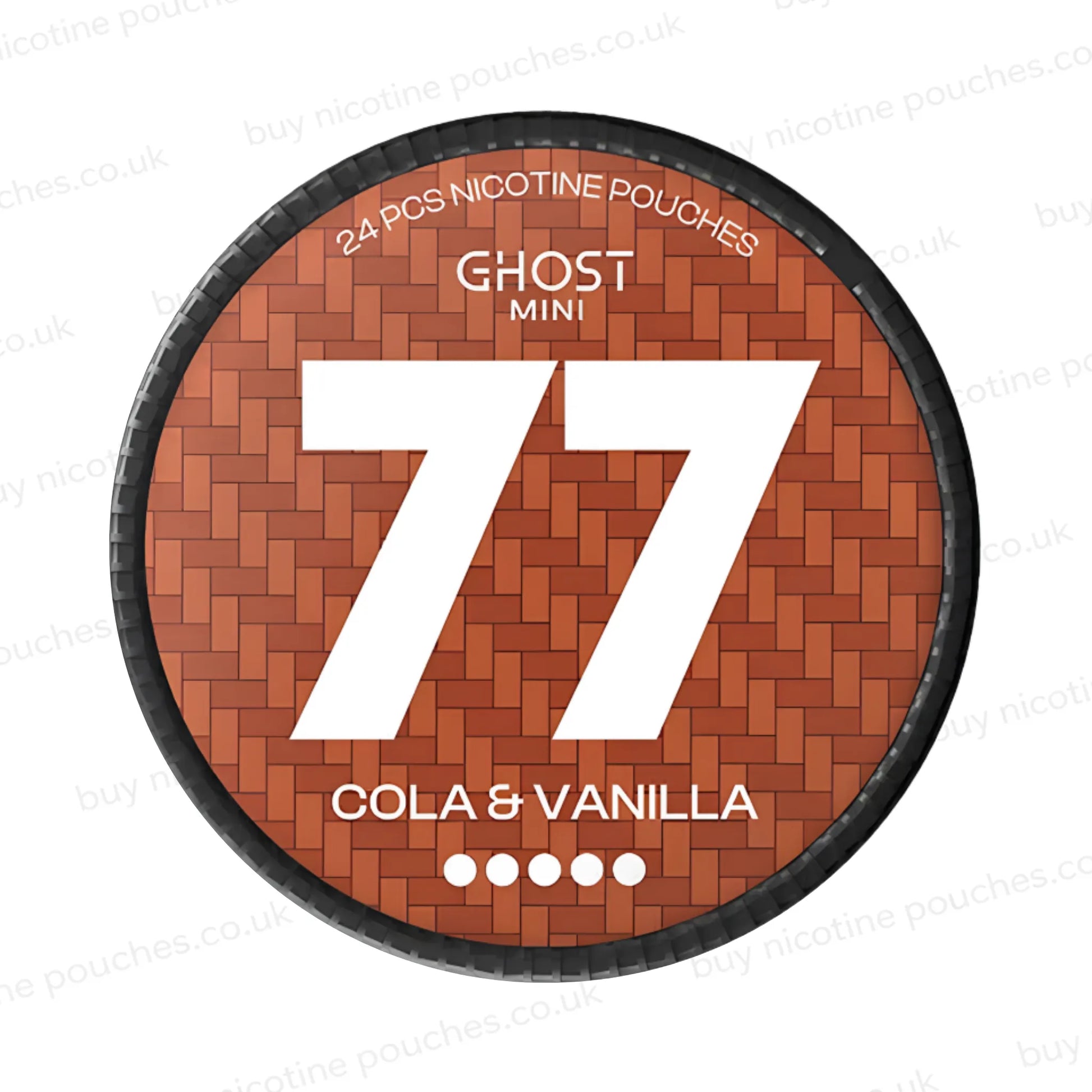 Brown nicotine pouch container with white 77 Cola & Vanilla Ghost Mini branding on a white background.