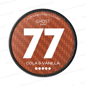 Brown nicotine pouch container with white 77 Cola & Vanilla Ghost Mini branding on a white background.