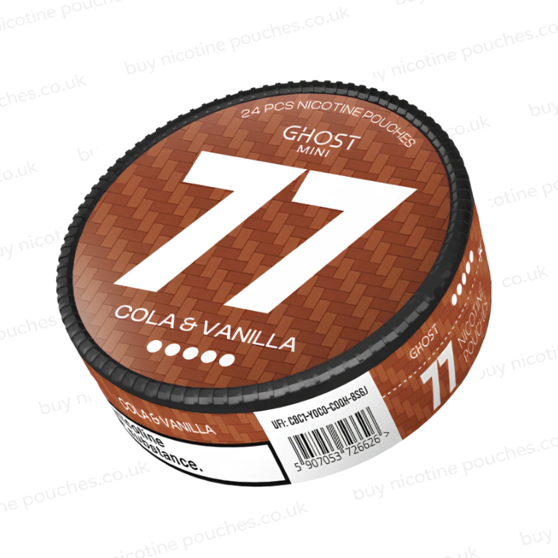Angled shot of a brown nicotine pouch container with white 77 Cola & Vanilla Ghost Mini branding on a white background.
