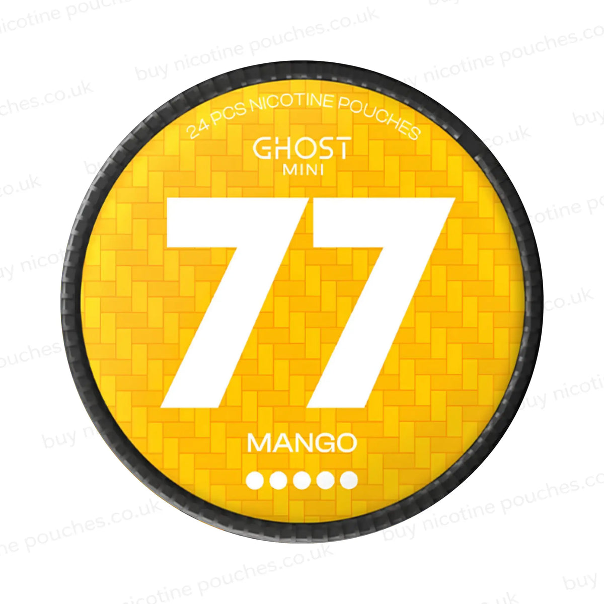 Circular nicotine pouch tub with orange 77 Ghost Mini Mango branding on a white background.