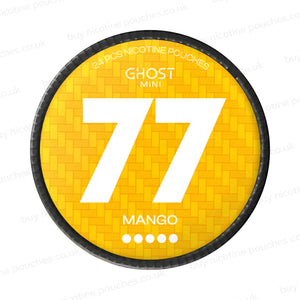 Circular nicotine pouch tub with orange 77 Ghost Mini Mango branding on a white background.