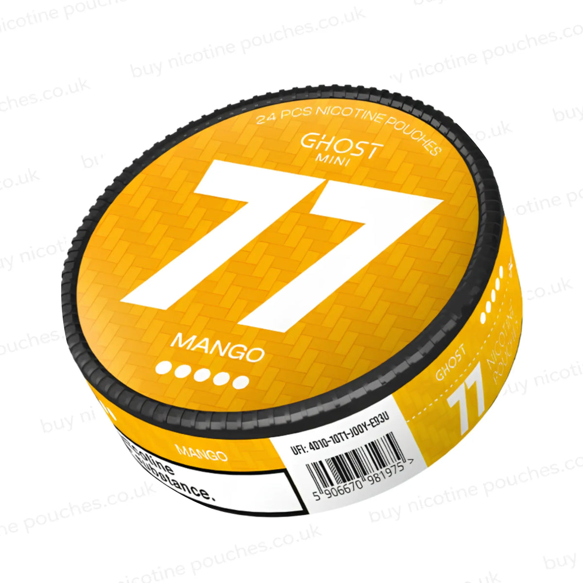Angled shot of a circular nicotine pouch tub with orange 77 Ghost Mini Mango branding on a white background.