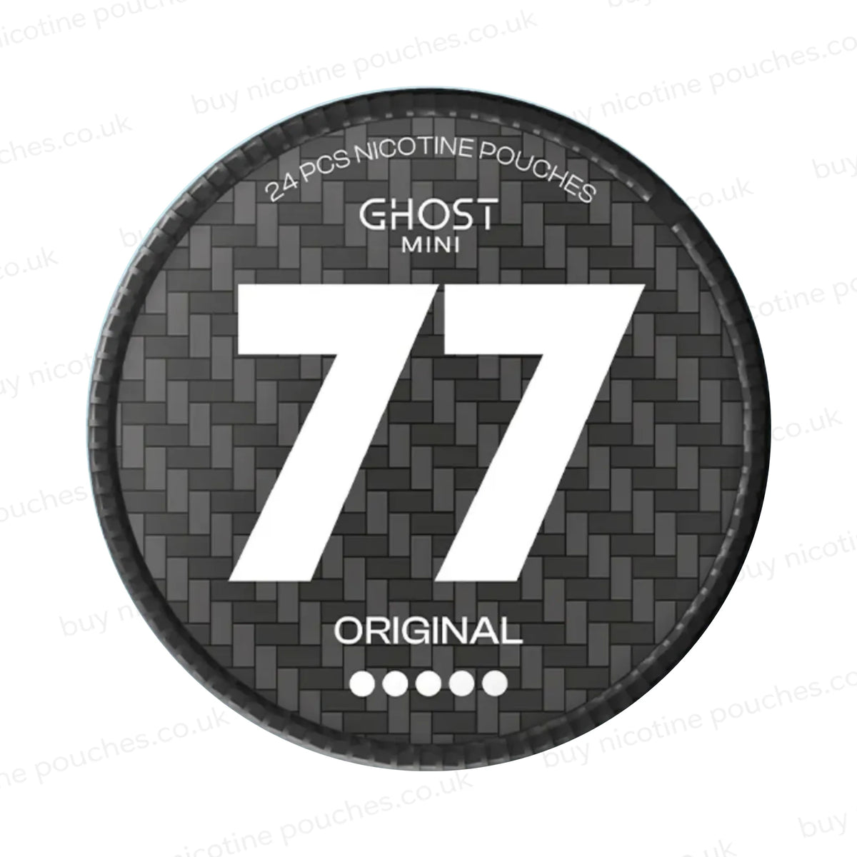 Nicotine pouch container with grey 77 Ghost Mini Original branding on a white background.
