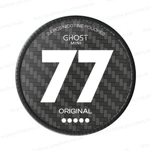 Nicotine pouch container with grey 77 Ghost Mini Original branding on a white background.