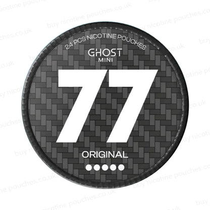 Nicotine pouch container with grey 77 Ghost Mini Original branding on a white background.