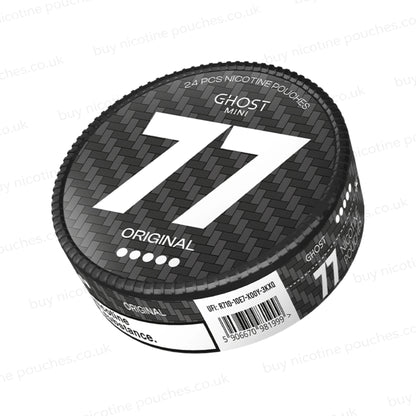 Angled shot of a nicotine pouch container with grey 77 Ghost Mini Original branding on a white background.