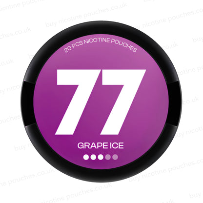 Black nicotine pouch container with purple 77 Grape Ice branding on a white background.