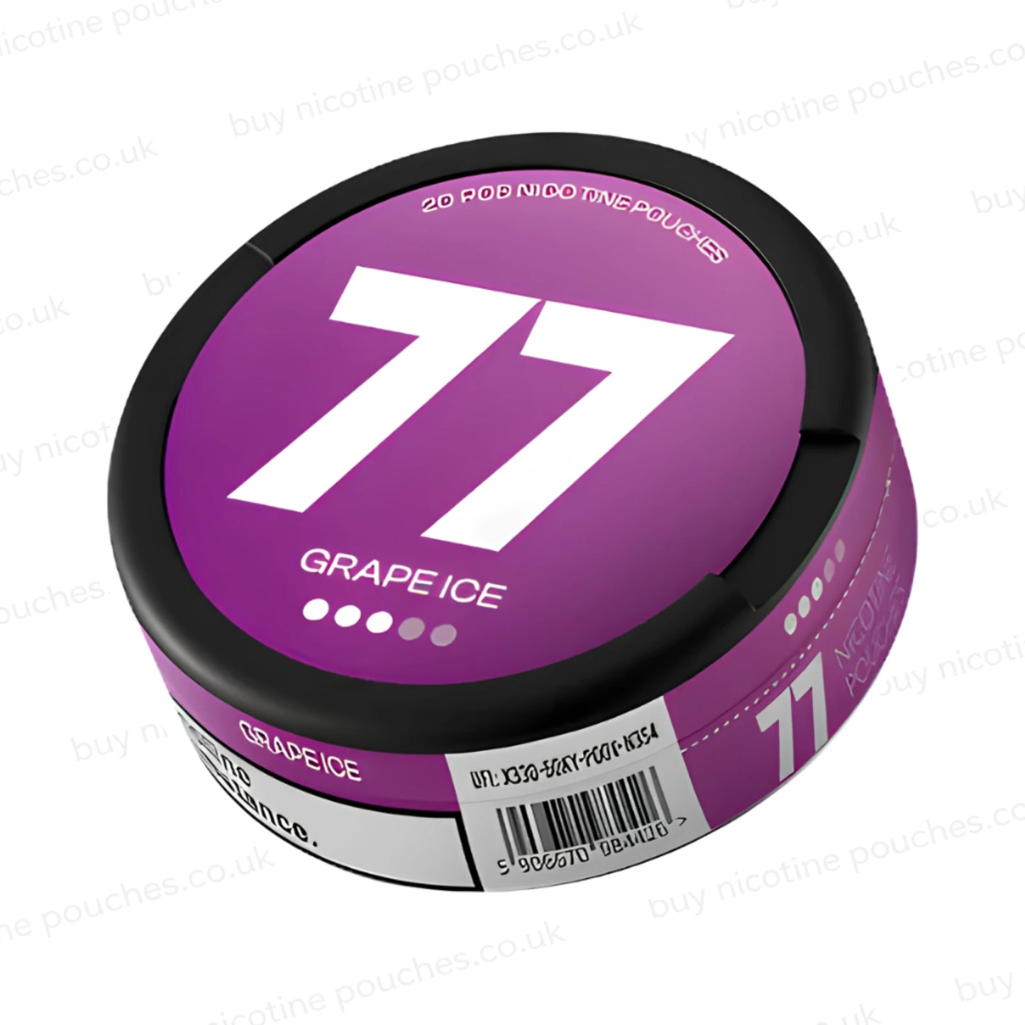 Angled shot of a black nicotine pouch container with purple 77 Grape Ice branding on a white background.