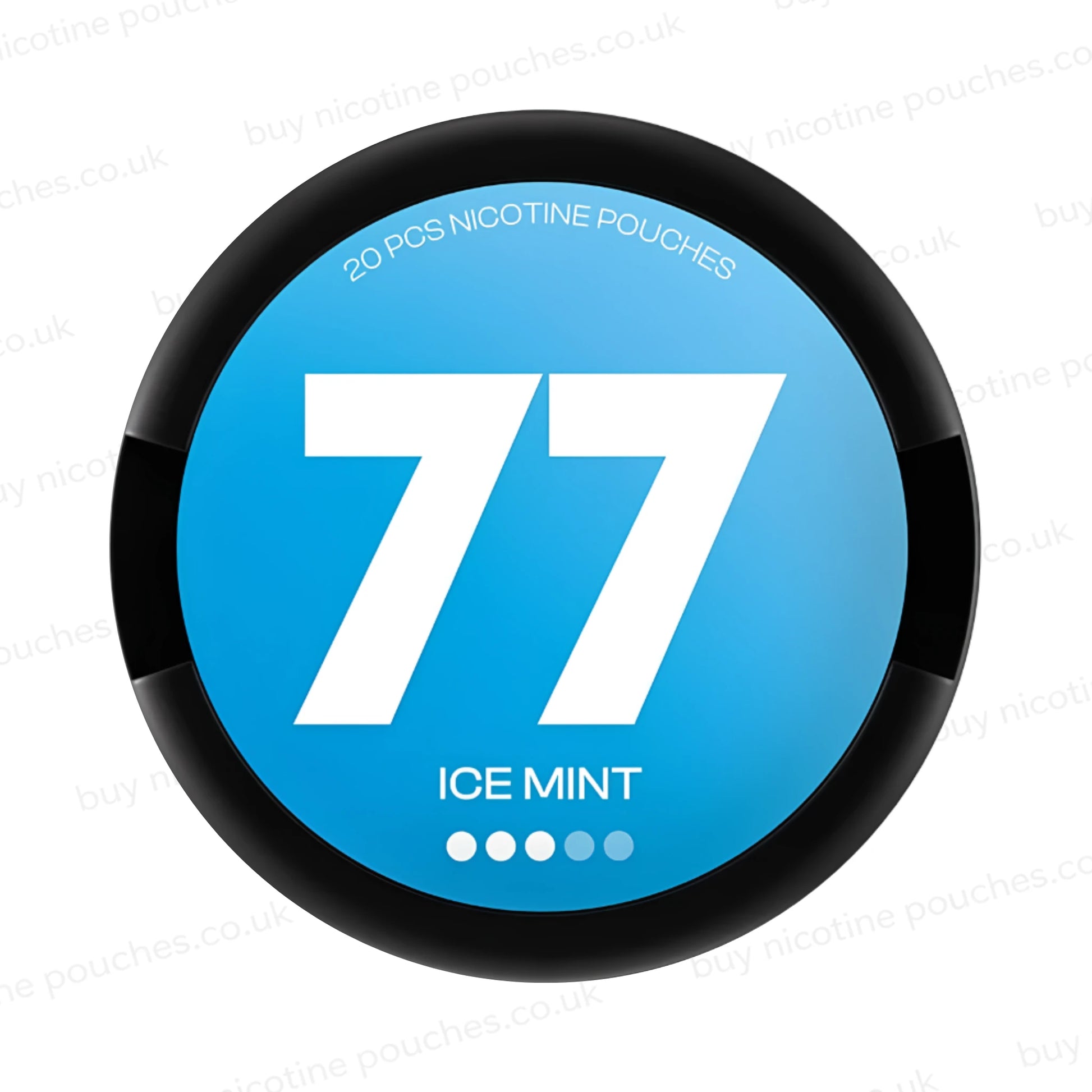 Black nicotine pouch container with blue 77 Ice Mint branding on a white background.