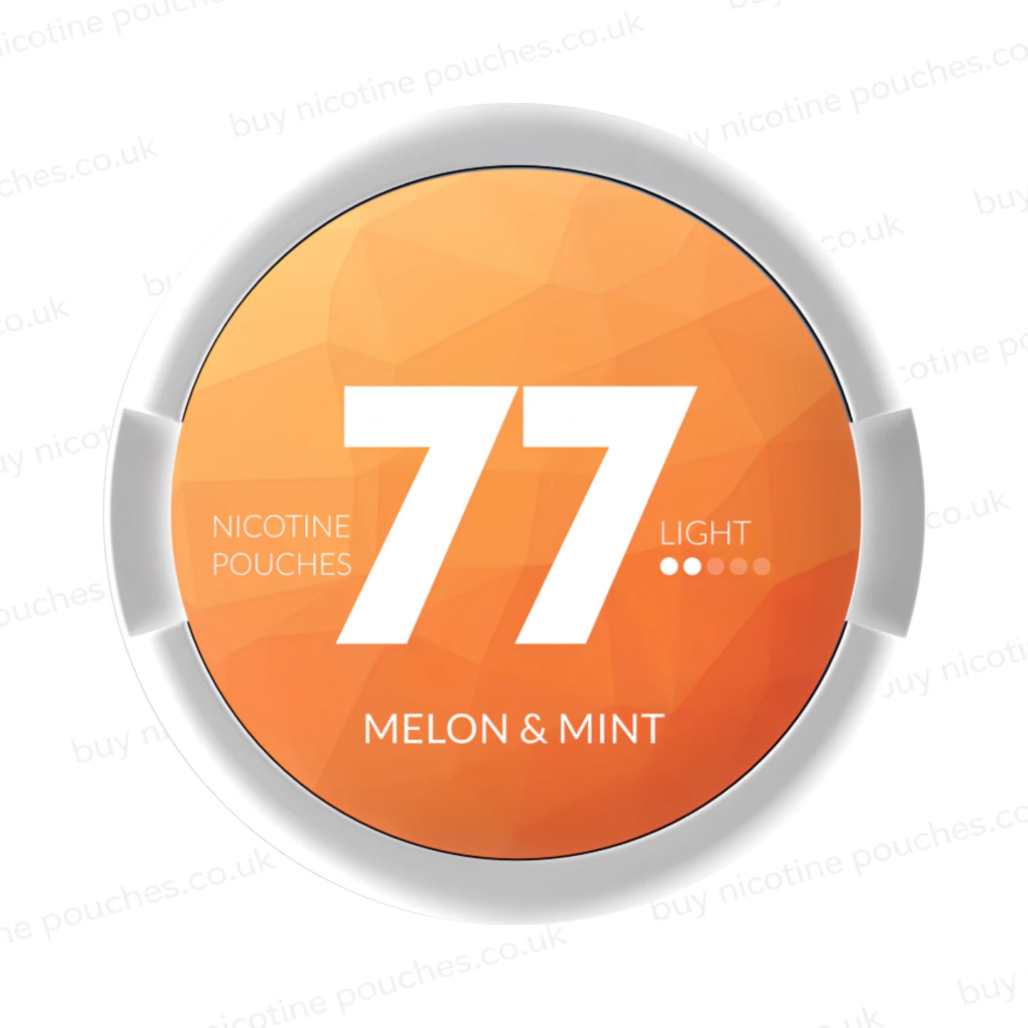 Circular nicotine pouch tub with light orange and white 77 Melon & Mint branding on a white background.