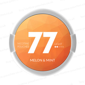 Circular nicotine pouch tub with light orange and white 77 Melon & Mint branding on a white background.