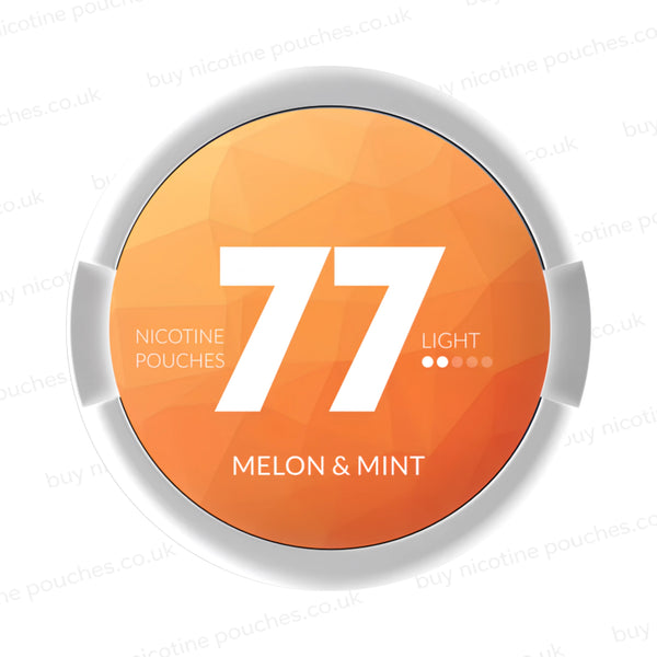 Circular nicotine pouch tub with light orange and white 77 Melon & Mint branding on a white background.