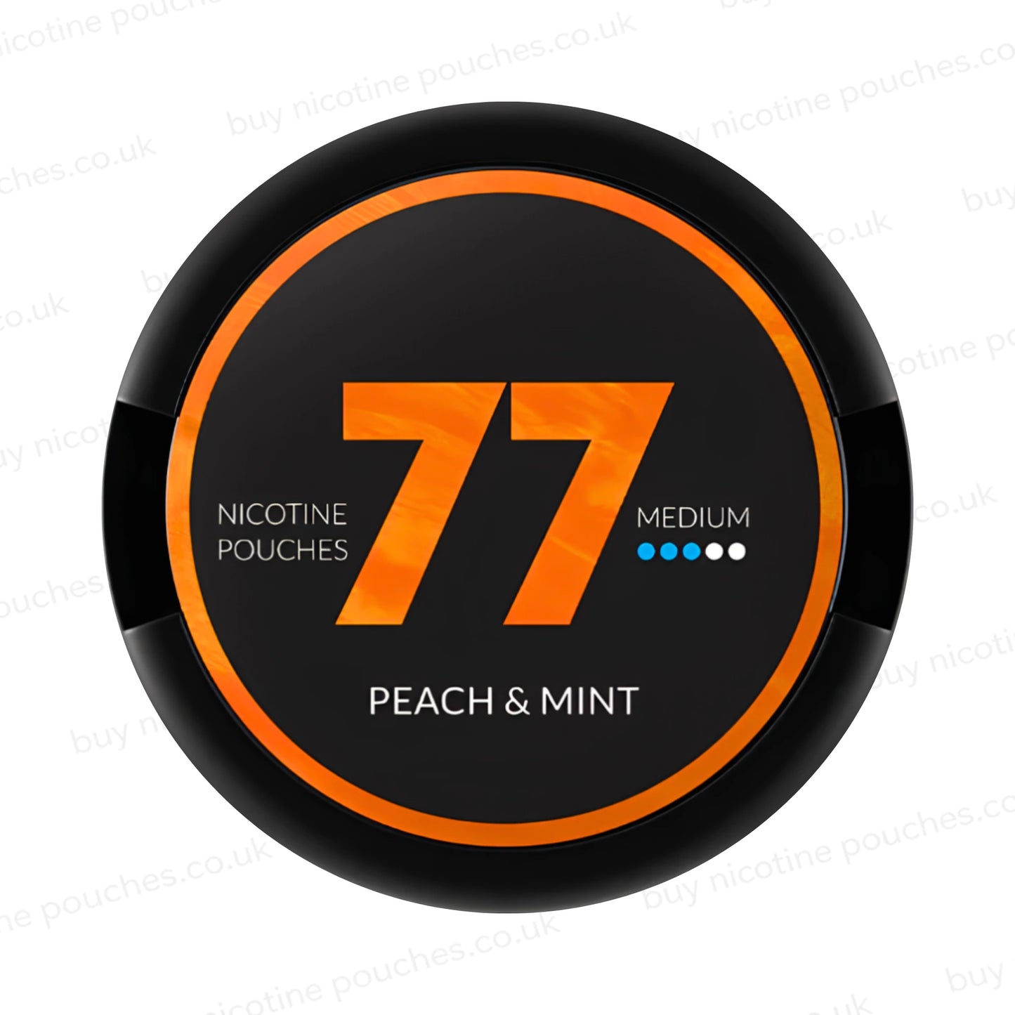 Circular nicotine pouch tub with orange and black 77 Peach & Mint branding on a white background.
