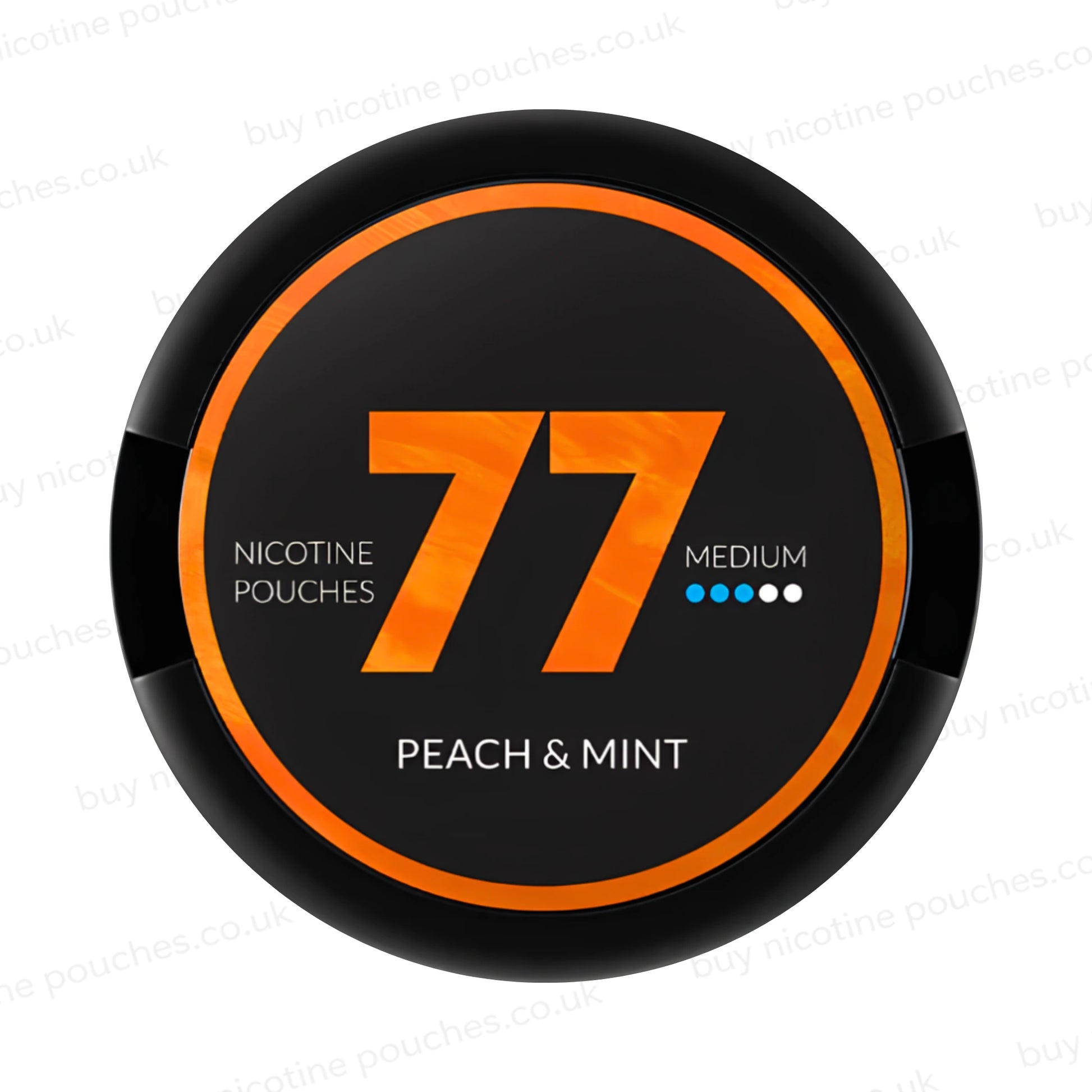 Circular nicotine pouch tub with orange and black 77 Peach & Mint branding on a white background.