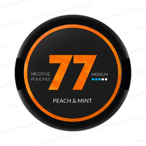Circular nicotine pouch tub with orange and black 77 Peach & Mint branding on a white background.