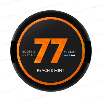 Circular nicotine pouch tub with orange and black 77 Peach & Mint branding on a white background.
