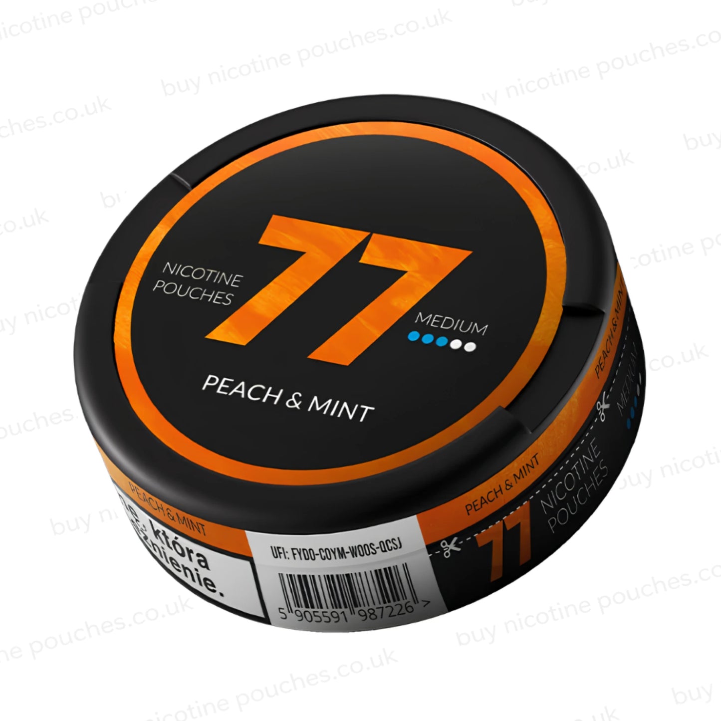 Angled shot of a circular nicotine pouch tub with orange and black 77 Peach & Mint branding on a white background.