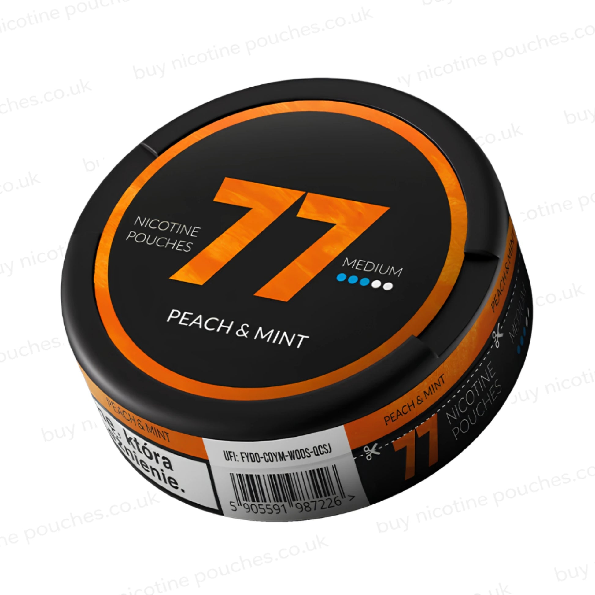 Angled shot of a circular nicotine pouch tub with orange and black 77 Peach & Mint branding on a white background.