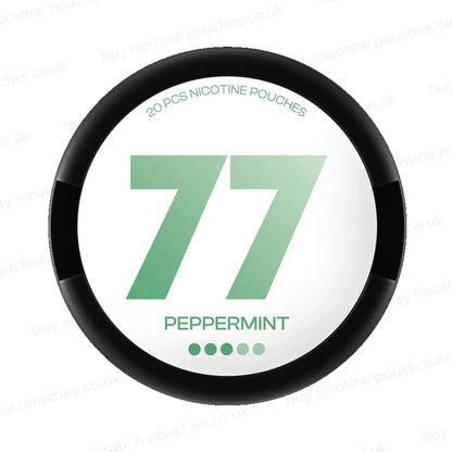 Nicotine pouch tub with white and green 77 Peppermint branding on a white background.
