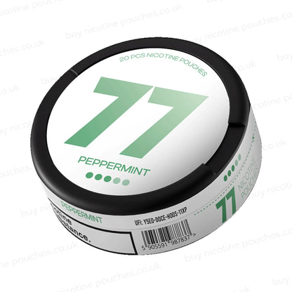 Angled shot of a nicotine pouch tub with white and green 77 Peppermint branding on a white background.
