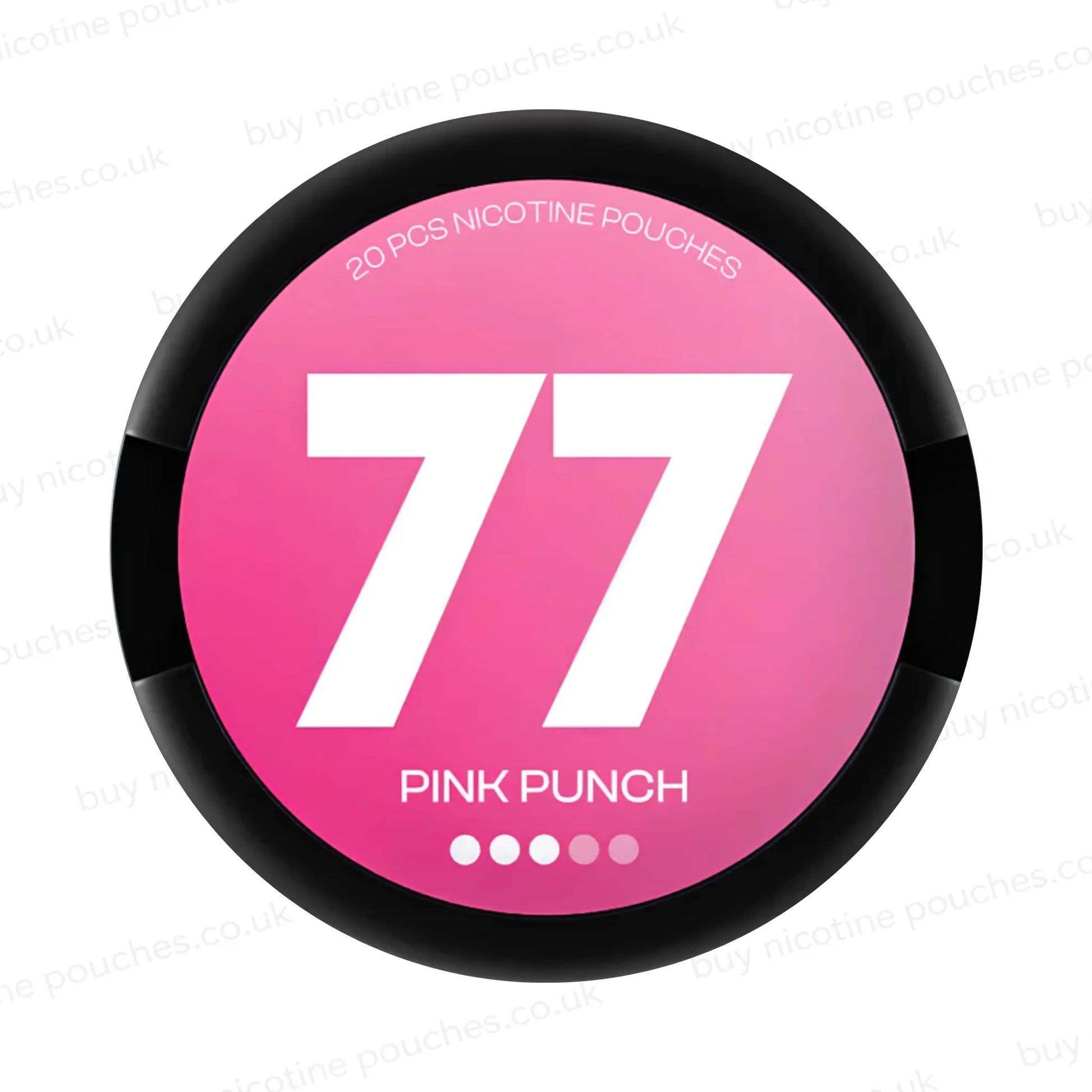 Black nicotine pouch container with pink 77 Pink Punch branding on a white background.