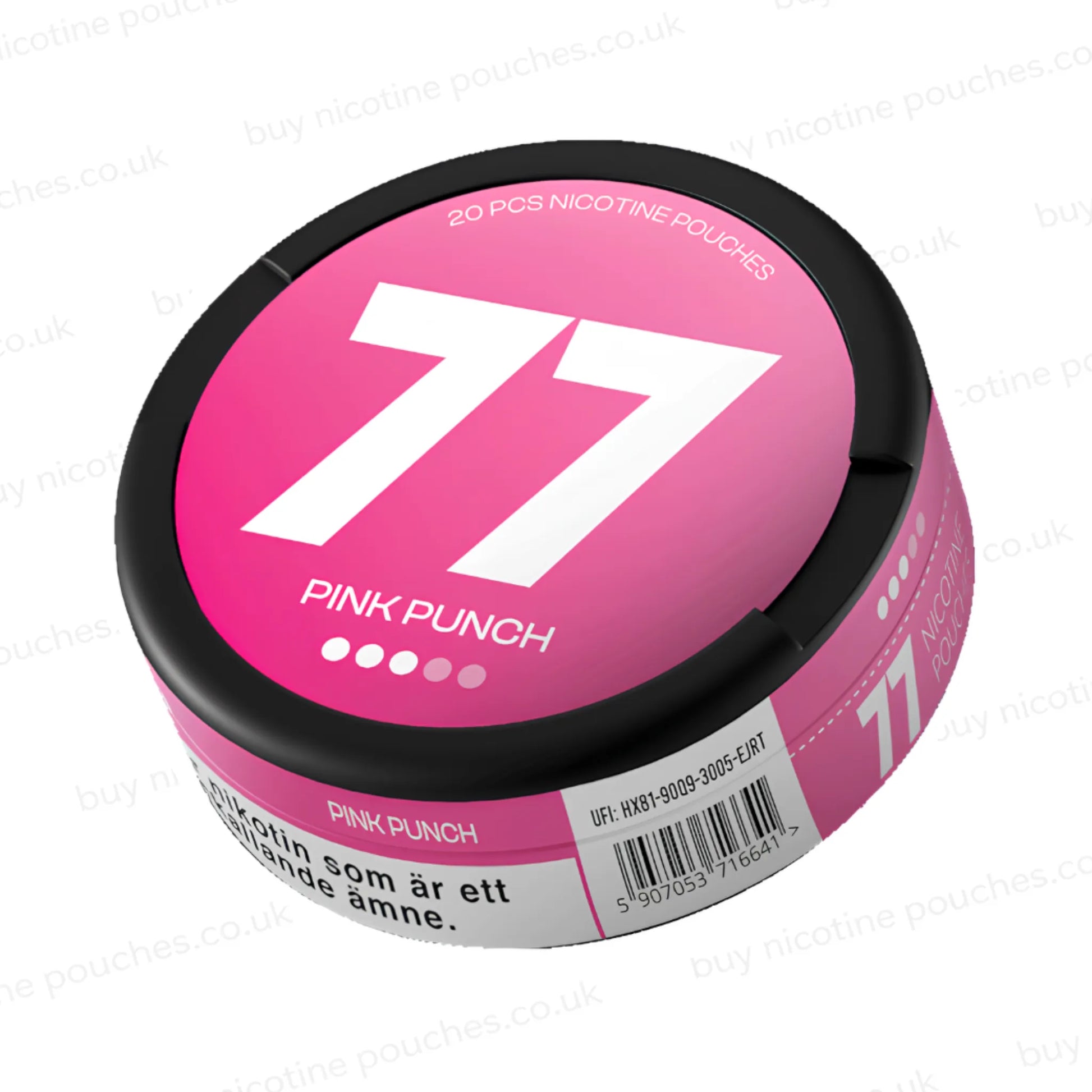 Angled shot of a black nicotine pouch container with pink 77 Pink Punch branding on a white background.