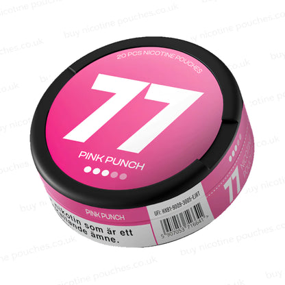 Angled shot of a black nicotine pouch container with pink 77 Pink Punch branding on a white background.