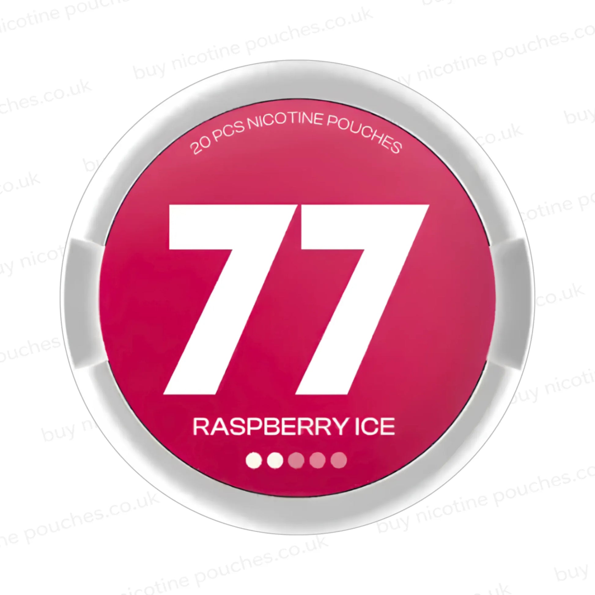White nicotine pouch container with pink 77 Raspberry Ice branding on a white background.