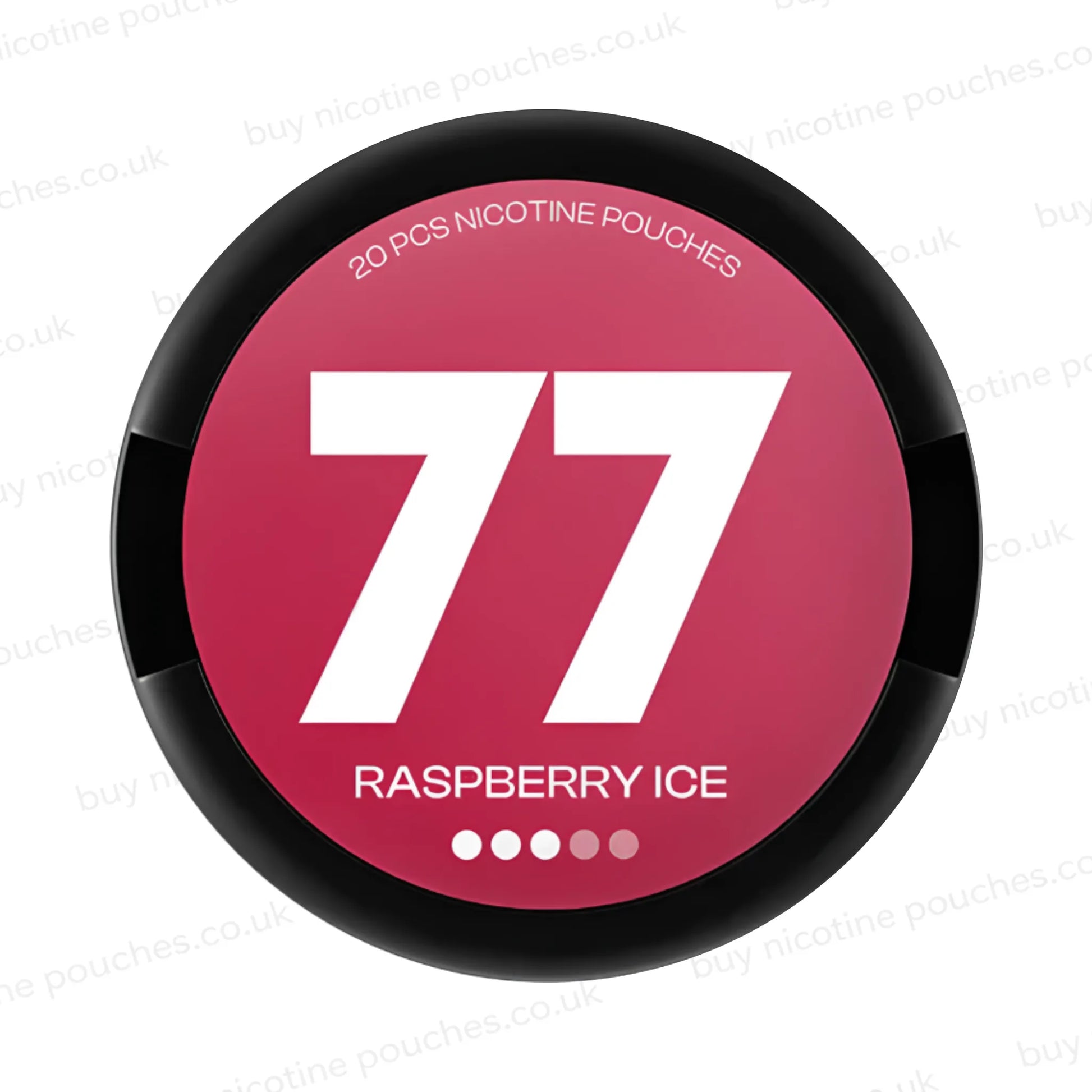 Black nicotine pouch container with pink 77 Raspberry Ice 3-Dot branding on a white background.