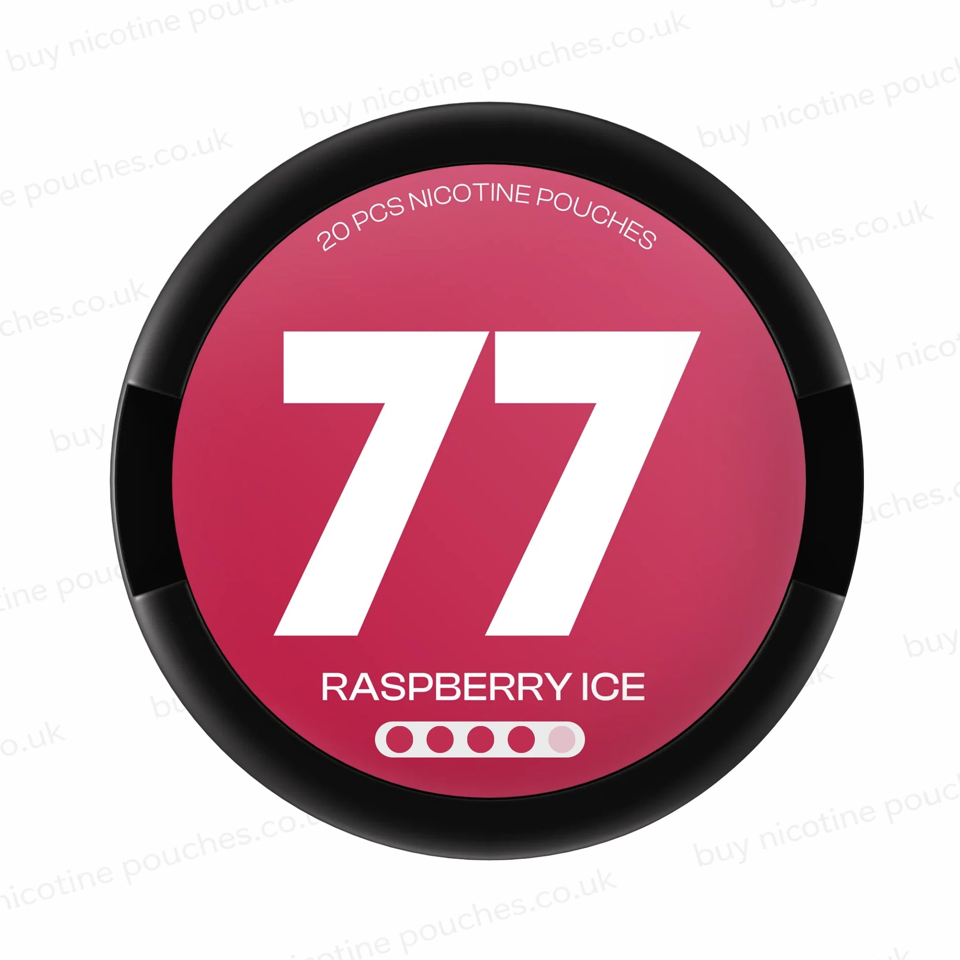 Nicotine pouch tub with '77 Raspberry Ice' branding on a white background.