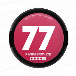 Nicotine pouch tub with '77 Raspberry Ice' branding on a white background.