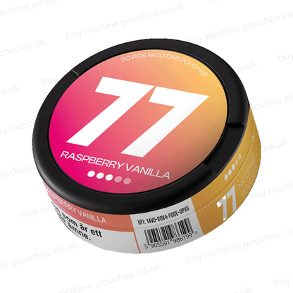 Angled shot of a round nicotine pouch can with a black rim and a colorful label. The label features a gradient from pink to orange to yellow, with a large white number 77 in the center, the text '77 RASPBERRY VANILLA', and '20 PCS NICOTINE POUCHES' at the top.
