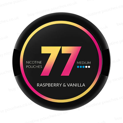 Black nicotine pouch container with yellow and magenta 77 Raspberry & Vanilla branding on a white background.